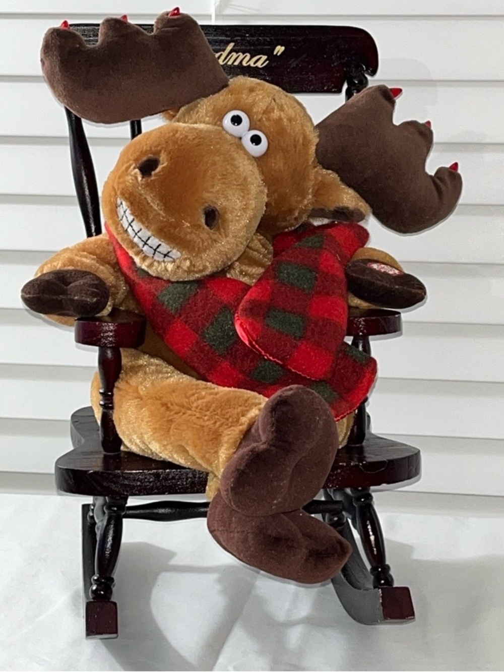 Holiday Plush Moose in Red & Green Plaid Scarf Sings  - Festive Home Decor